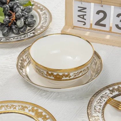 Luxury Wholesale Ceramic Tableware: 56pc Set Bone China Gold Wedding Dinnerware Plates