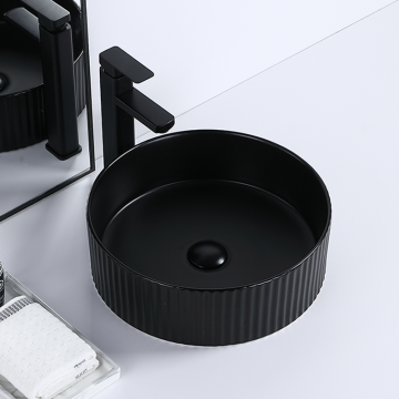 Handmade Ceramic Matt Black Round Wash Basin for Bathroom Above Counter Top