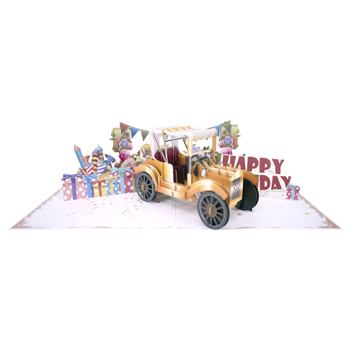 Tarjeta de felicitación emergente de cumpleaños con coche antiguo de lujo