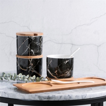 Marble 3 Pcs Salt Sugar Seasoning Set with Wooden Tray