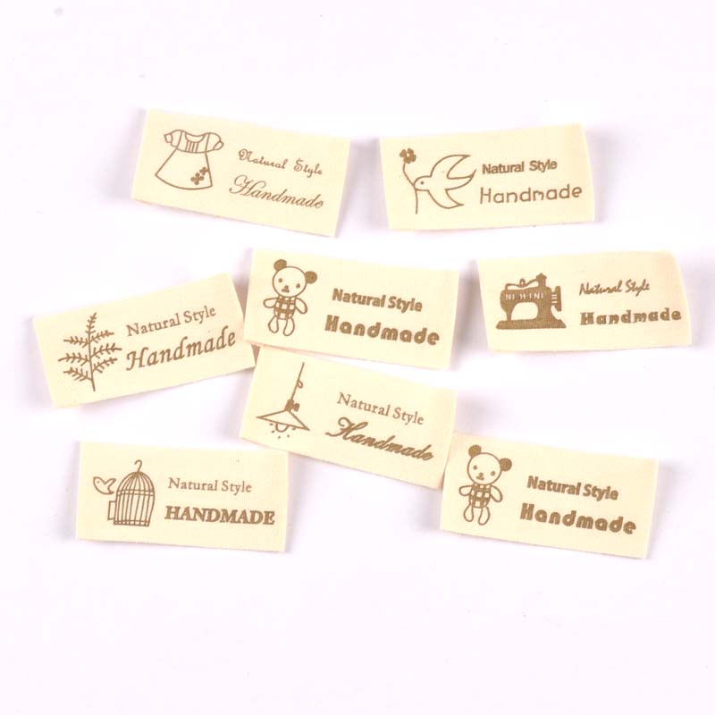 mixed 50pcs Handmade printed Beige cotton Woven Label For Clothing Care Labels Cartoon Shoes Bags Washable Garment Tags