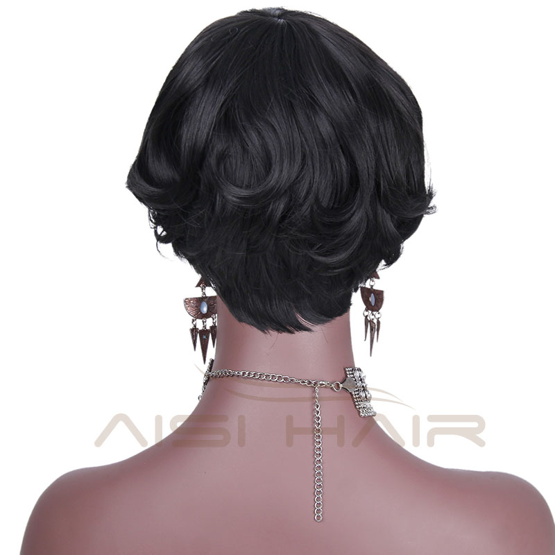 Synthetic Short Wavy Pixie Cut Wig With Bangs Natural Black Color Heat Resistant Fiber Wigs For African American Women