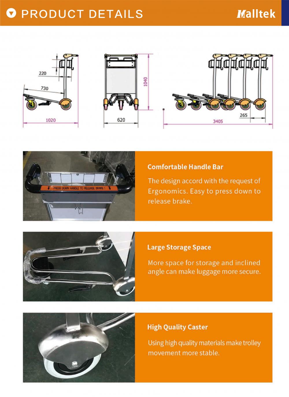 3 Wheel OEM Stainless Steel Baggage Airport Carts