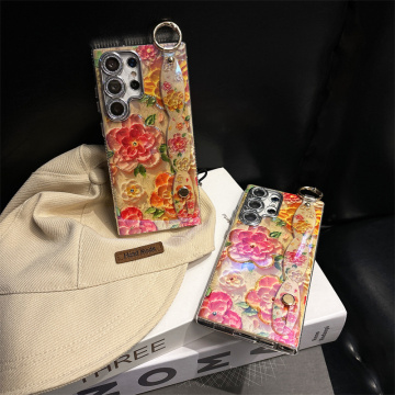 Blue Rhinestone Flower Oil Painting Phone Case for Samsung S24 Plus/S23 Plus/S22 Ultra/S21 Ultra with Lens Film and Anti-Fall Protection