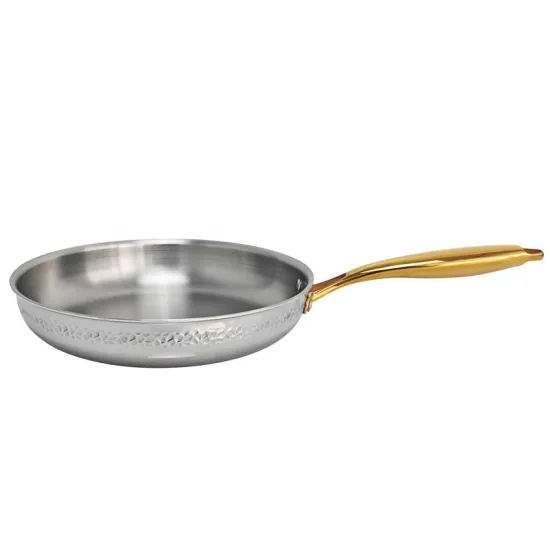 Hammered Wok Stainless Steel Frypan with Gold Handle - 3 Ply Frying Pan for Kitchen Cooking