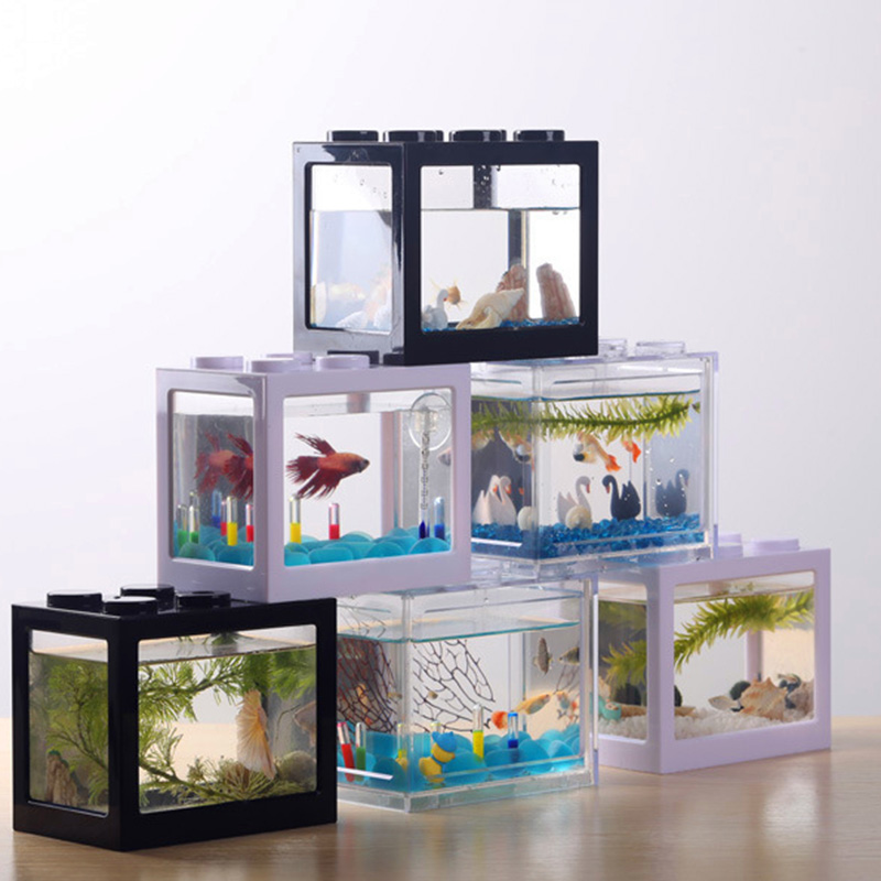 Mini Transparent Aquarium Light Lamp Fish Tank Home Office Tea Table Decoration Small Building Block Fish Tank