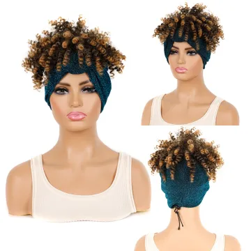Wholesale Ombre Short Kinky Curly Fluffy Turban Wrap Wigs deep wave Heat Resistant Afro Synthetic Headband  Wigs For Black Women