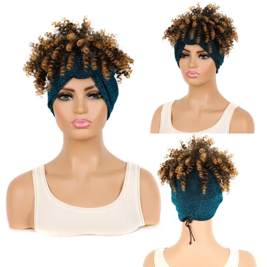 Wholesale Ombre Short Kinky Curly Fluffy Turban Wrap Wigs deep wave Heat Resistant Afro Synthetic Headband  Wigs For Black Women