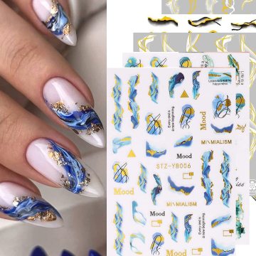 12 Sheets of Self-Adhesive Nail Decals: White, Black, Gold Stripe Line, Marble Wave Art Designs for Nails