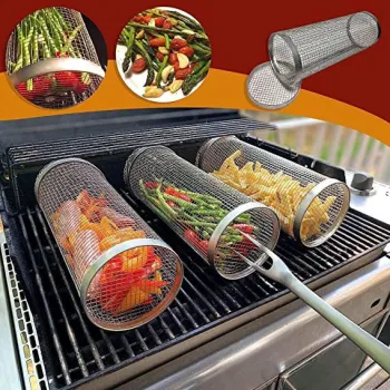 Portable Stainless Steel BBQ Accessories: Wire Mesh Cylinder Barbecue Rolling Rack & Grill Basket for Outdoor Camping