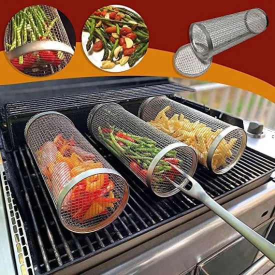 Portable Stainless Steel BBQ Accessories: Wire Mesh Cylinder Barbecue Rolling Rack & Grill Basket for Outdoor Camping