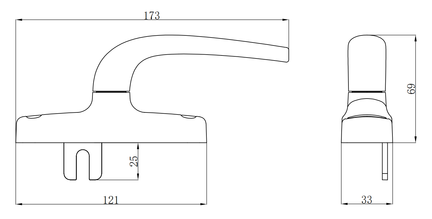 BC315 aluminum window handle technical drawing showing lever length, mounting width, and installation dimensions