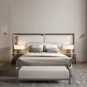 Modern Italian Leather Double Bed with Big Headboard