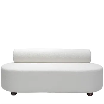 White Boucle Fabric Couch with Wooden Legs and Cylinder Back: Perfect 3 Seater Wedding Rental Sofa