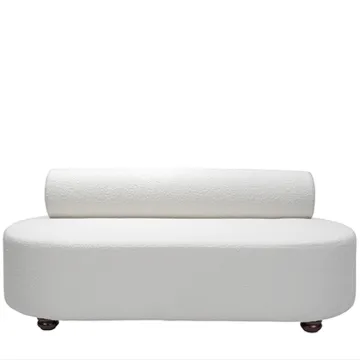 White Boucle Fabric Couch with Wooden Legs and Cylinder Back: Perfect 3 Seater Wedding Rental Sofa
