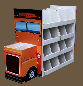 School Bus Shape Stationery Floor Display Stand for Children, Toys Cardboard Display Shelves
