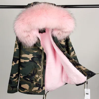 OEM ODM Big Raccoon Fur Collar Faux Fur Lined Women Camouflage Coat