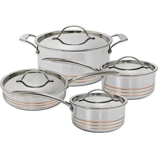 China OEM Manufacturer 8Pcs Stainless Steel 304 Non-Toxic Cookware Set Kitchen Utensils 5Ply Copper Core Cookware