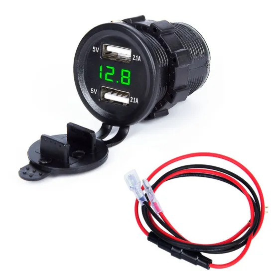 Car Charger USB Charger Car Cigarette Lighter Socket With Voltmeter& Wire In-line 10A Fuse For 12-24V Car Boat Motorcycle TXTB1