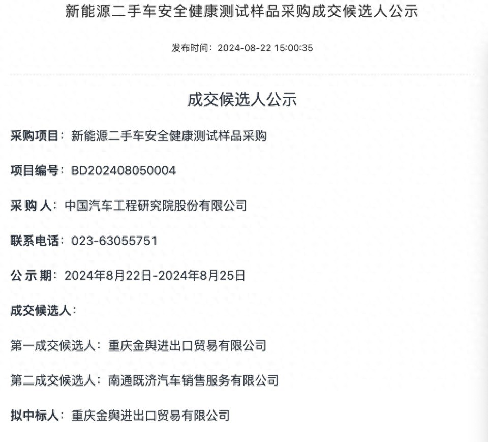 Jinyu International Trade Successfully Selected as a Candidate for the China Automotive Engineering Research Institute's (CAERI) New Energy Vehicle Used Vehicle Safety and Health Test Sample Procurement Project