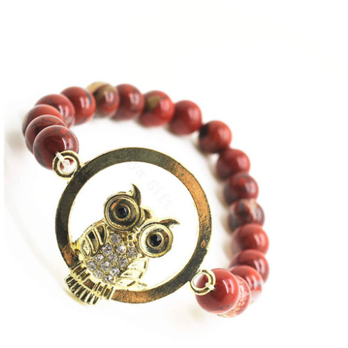 Red Jasper 8MM Round Beads Stretch Gemstone Bracelet with Diamante owl alloy Piece