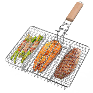 Stainless Steel Vegetable BBQ Grill Net with Removable Wooden Handle