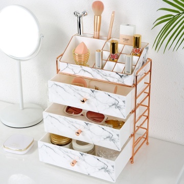Organisateur de tiroir de rangement cosmétique en marbre PS avec bouton métallique, 4 niveaux