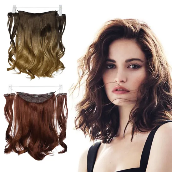 Natural Ombre Blonde Soft Long Clip in One Piece Hair Extension Wavy Invisible Wire Fish Line Hair Synthetic Hair Extensions