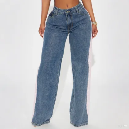 Women Light Wash Straight Leg Slim Fit Denim Pants With Lace And Bow