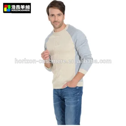 Men Blue Cashmere Sweater, Men Contrast Color Sweater
