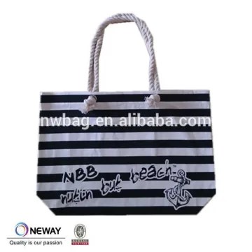 2015 black beach tote bag with inside pockets,high quality tote beach cotton bags with rope,stripe canvas beach bag factory