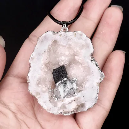 Black Tourmaline Bud Silver Druzy Crystal Cave Pendant Necklace 45CM Black Cord