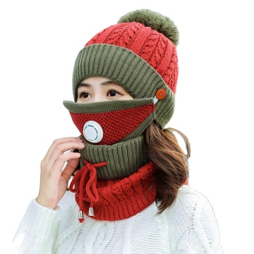 Winter Knitted Hat Scarf Set with Windproof Woolen Face Mask and Breathing Valve