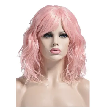 Daily Use Heat Resistant Brown Vine Purple Pink Black Silky Curly Wig For Women Synthetic Short Water Wavy Wigs With Bangs