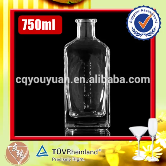 High white glass embossed thick bottom 750ml square empty glass liquor bottle cork lid