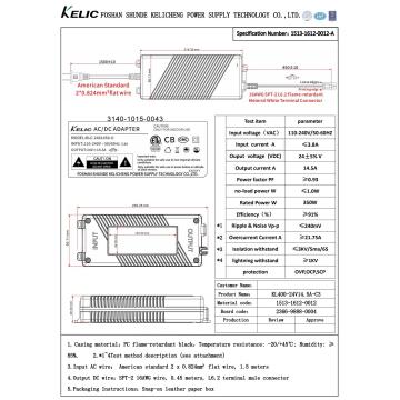 KELIC 350W 24V 14.5A AC/DC Power Adapter with L6.2 Connector