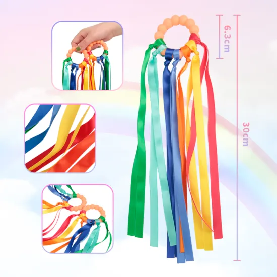 Food Grade Silicone Rainbow Ribbon Teether Montessori Toy for Babies