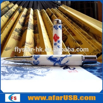 OEM Logo Blue and white porcelain pen shape USB flash drive with high quality