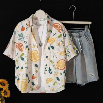 Men Fruit Print Hawaiian Two-Piece Beach Suit