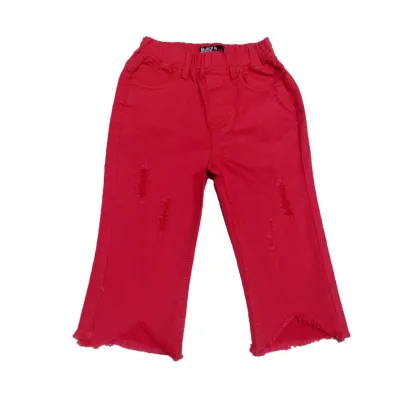 Kid clothing denim trousers hole design ripped girls red jeans children wears