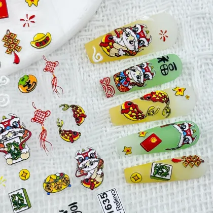 Custom OEM Chinoiserie Nail Stickers with Chinese Lion Dance Design