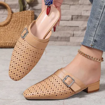 Kemayanni New Arrival Women's Slippers: Fashion, Trendy Round Toe with Block Heel and Hollow Out Belt Buckle