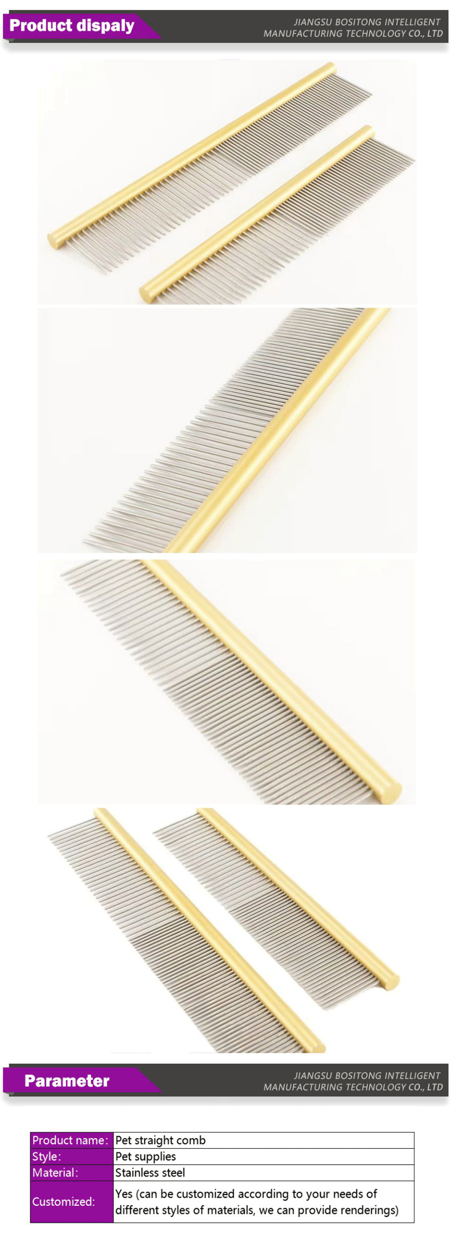 Pet hair straight comb stainless steel