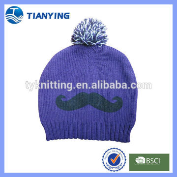 beard printed knitted pom pom beanie