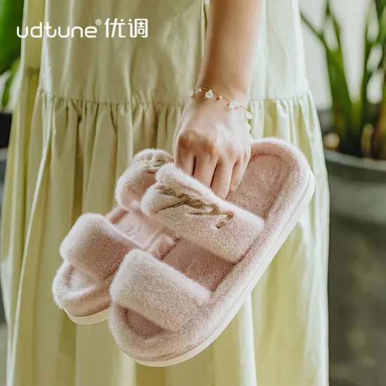 Youdiao Women Fur Slippers Winter Slides Fluffy Furry Sandals Woman Flip Flops Home Slippers Hot Ladies Plush Shoes Embroidery