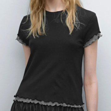 Women's basic versatile corrugated edge double layered splicing short sleeved T-shirt