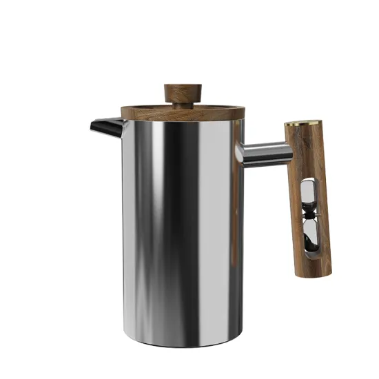 Silvery Hourglass Timer DHPO Double Wall Stainless Steel French Press with Wooden Handle