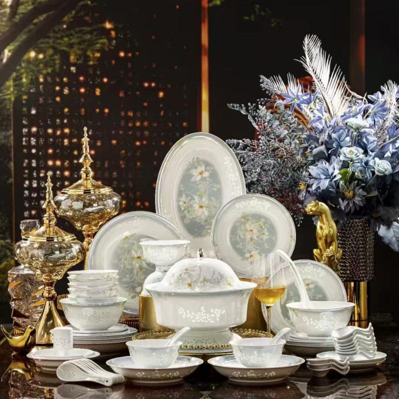 Luxury Asian Tableware Set with Floral Design and Gold Accents