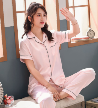 Women Satin Short Sleeve Sleepwear Solid Pajamas