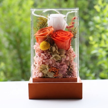 Acrylic Box with Preserved Roses and Natural Elements for Wedding Decoration
